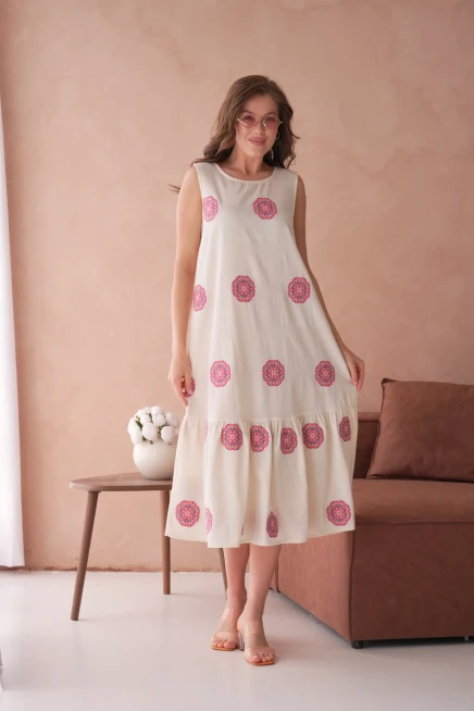 Nakışlı Volanlı Salaş Dokuma Elbise