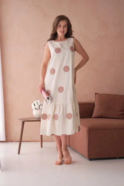 Nakışlı Volanlı Salaş Dokuma Elbise