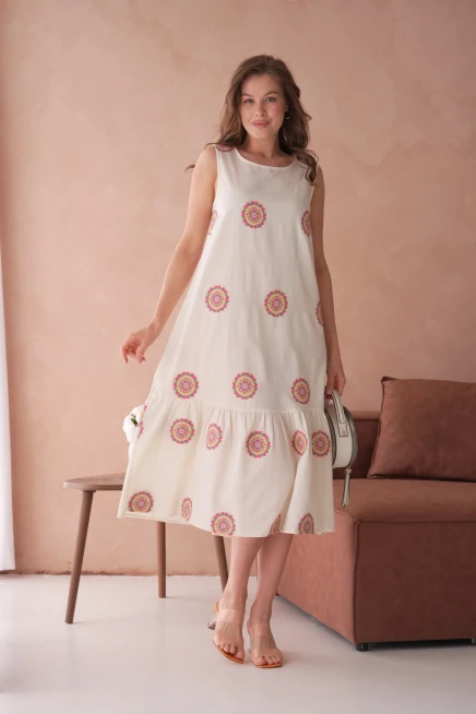 Nakışlı Volanlı Salaş Dokuma Elbise