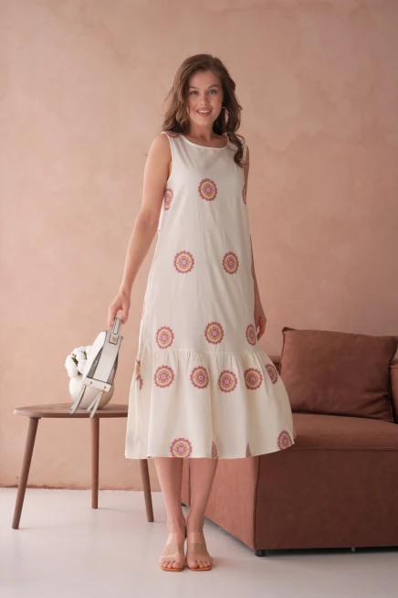 Nakışlı Volanlı Salaş Dokuma Elbise