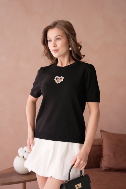 Taş Aksesuar Detaylı Kısa Kol Merserize Kazak