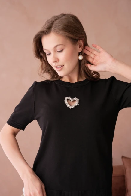 Taş Aksesuar Detaylı Kısa Kol Merserize Kazak