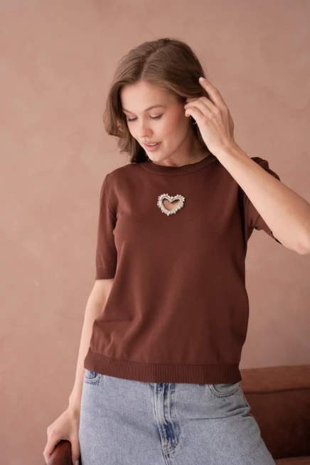 Taş Aksesuar Detaylı Kısa Kol Merserize Kazak