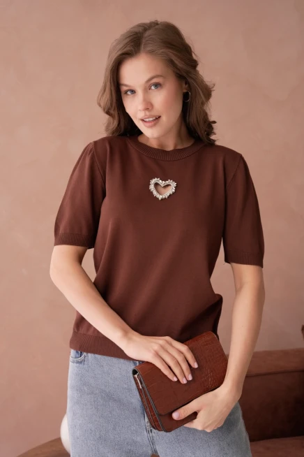 Taş Aksesuar Detaylı Kısa Kol Merserize Kazak