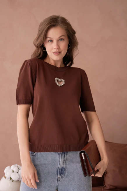 Taş Aksesuar Detaylı Kısa Kol Merserize Kazak