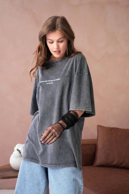 Yıkamalı Baskı Detay Salaş Basic T-Shirt