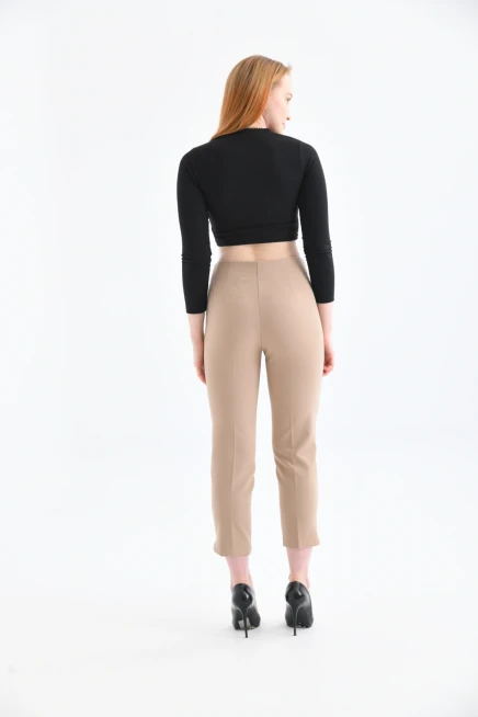 Womens Camel Pleated Slit Trousers