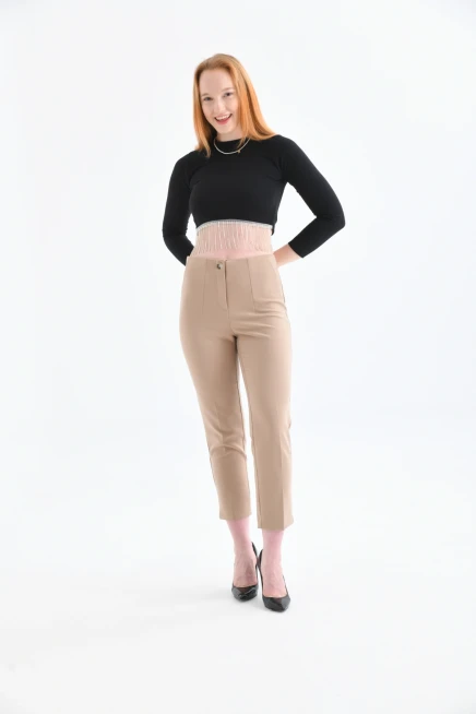 Womens Camel Pleated Slit Trousers