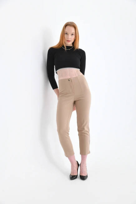 Womens Camel Pleated Slit Trousers