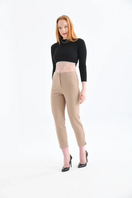 Womens Camel Pleated Slit Trousers