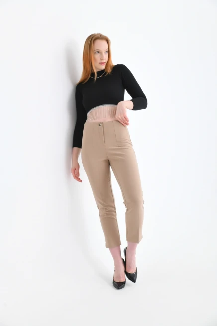 Womens Camel Pleated Slit Trousers