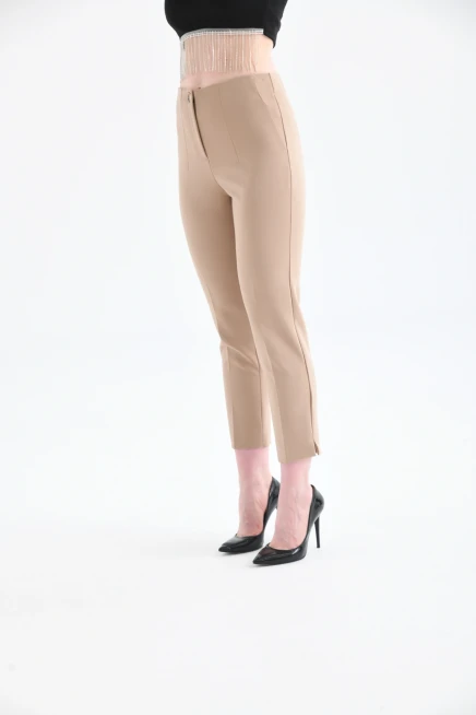Womens Camel Pleated Slit Trousers