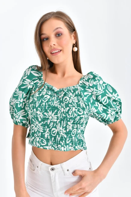 Womens Floral Patterned Gipe Detail Balloon Sleeve Blouse