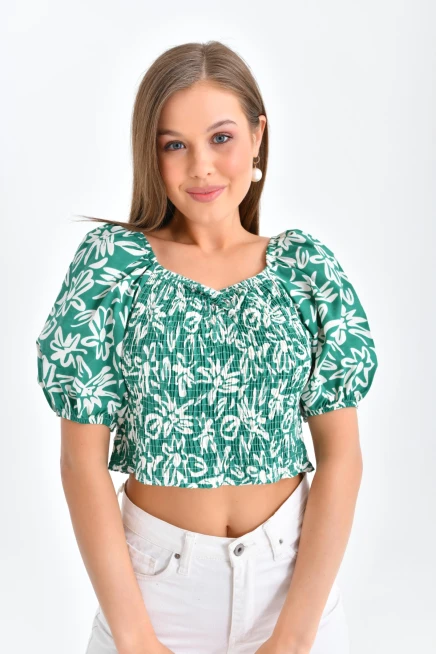 Womens Floral Patterned Gipe Detail Balloon Sleeve Blouse