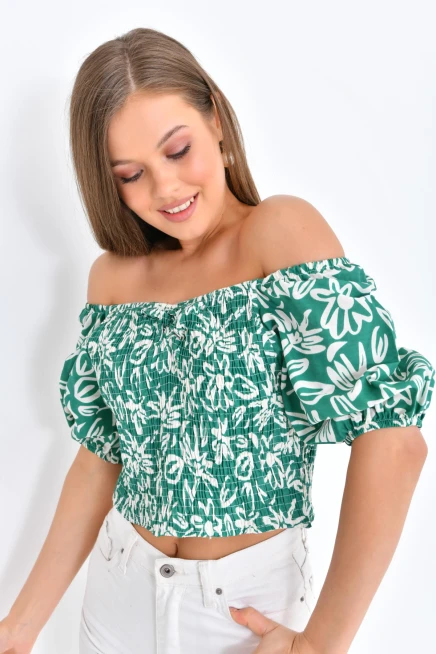 Womens Floral Patterned Gipe Detail Balloon Sleeve Blouse