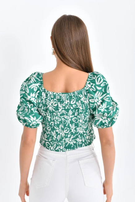 Womens Floral Patterned Gipe Detail Balloon Sleeve Blouse