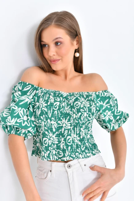 Womens Floral Patterned Gipe Detail Balloon Sleeve Blouse