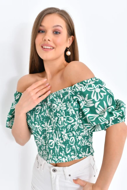Womens Floral Patterned Gipe Detail Balloon Sleeve Blouse