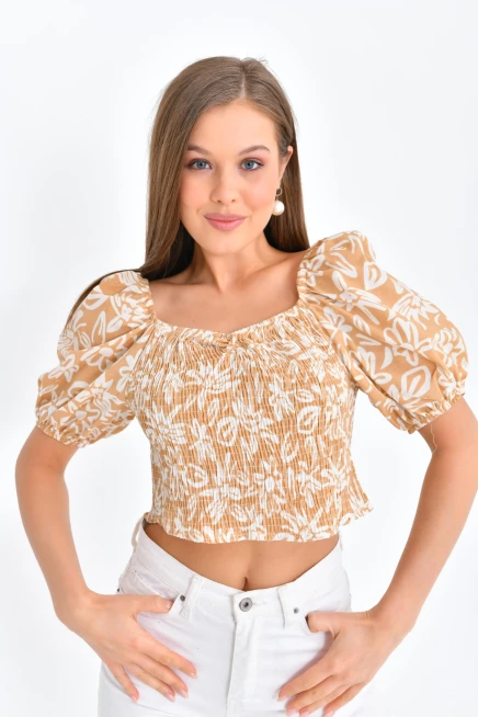 Womens Floral Patterned Gipe Detail Balloon Sleeve Blouse