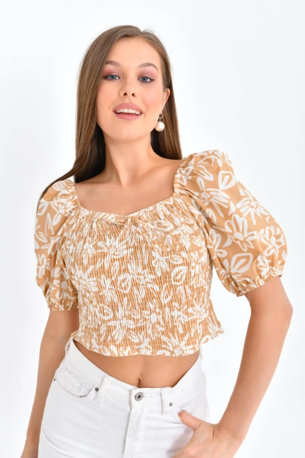 Womens Floral Patterned Gipe Detail Balloon Sleeve Blouse
