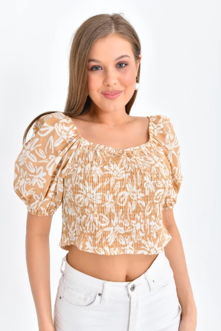 Womens Floral Patterned Gipe Detail Balloon Sleeve Blouse