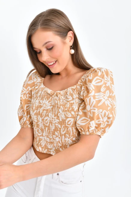 Womens Floral Patterned Gipe Detail Balloon Sleeve Blouse