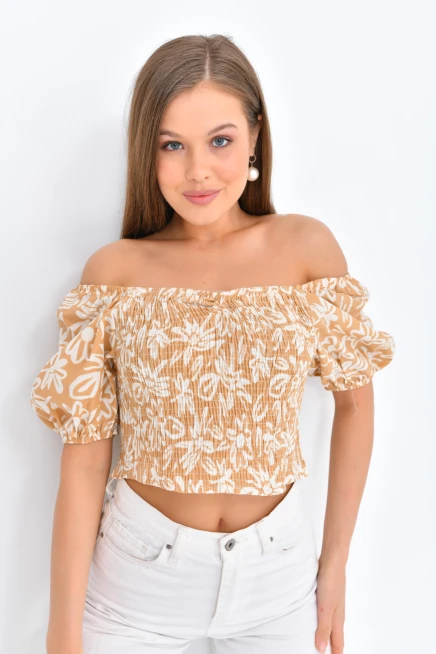 Womens Floral Patterned Gipe Detail Balloon Sleeve Blouse