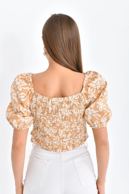 Womens Floral Patterned Gipe Detail Balloon Sleeve Blouse