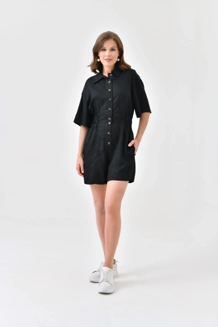 Womens Low Sleeve Waist Elastic Button Detail Tencel Jumpsuit