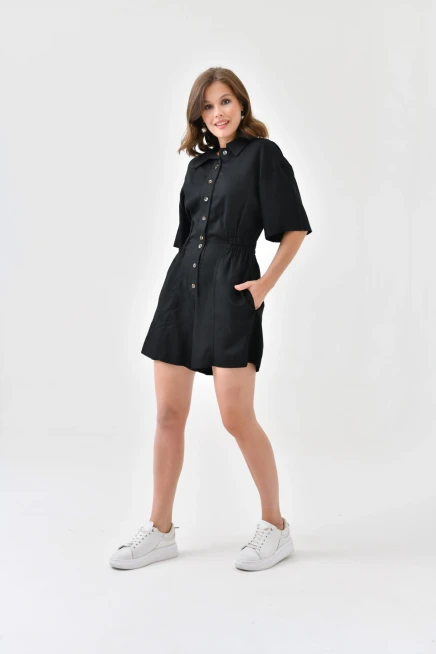 Womens Low Sleeve Waist Elastic Button Detail Tencel Jumpsuit