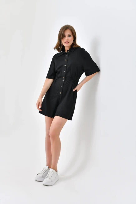 Womens Low Sleeve Waist Elastic Button Detail Tencel Jumpsuit