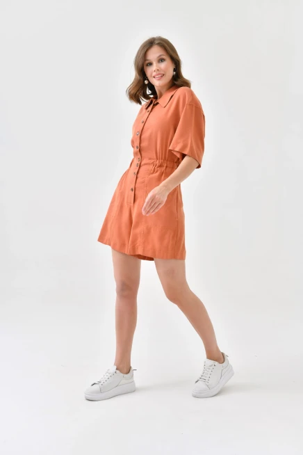 Womens Low Sleeve Waist Elastic Button Detail Tencel Jumpsuit