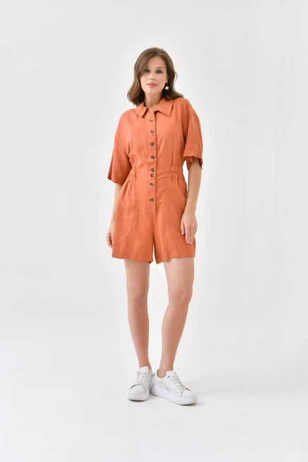 Womens Low Sleeve Waist Elastic Button Detail Tencel Jumpsuit