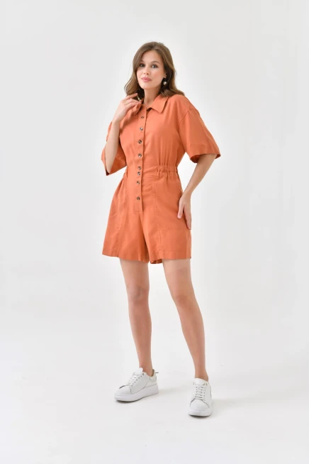 Womens Low Sleeve Waist Elastic Button Detail Tencel Jumpsuit