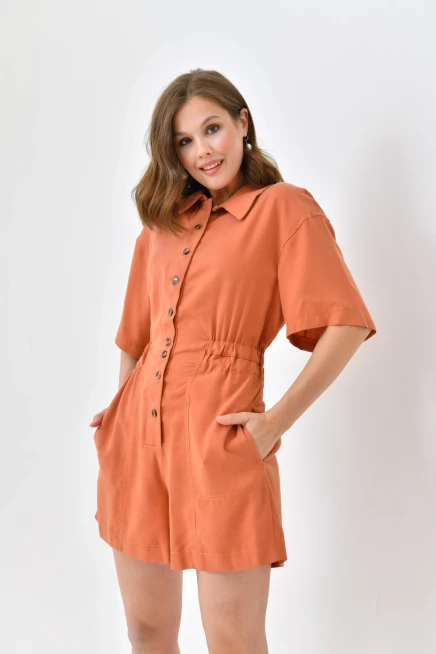 Womens Low Sleeve Waist Elastic Button Detail Tencel Jumpsuit
