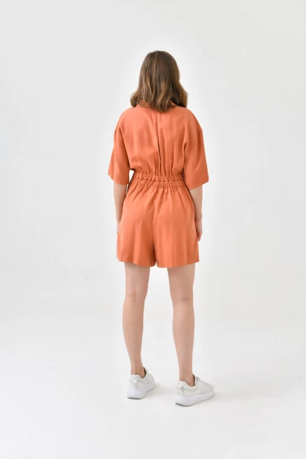 Womens Low Sleeve Waist Elastic Button Detail Tencel Jumpsuit