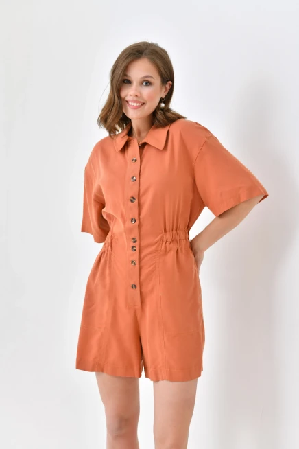 Womens Low Sleeve Waist Elastic Button Detail Tencel Jumpsuit