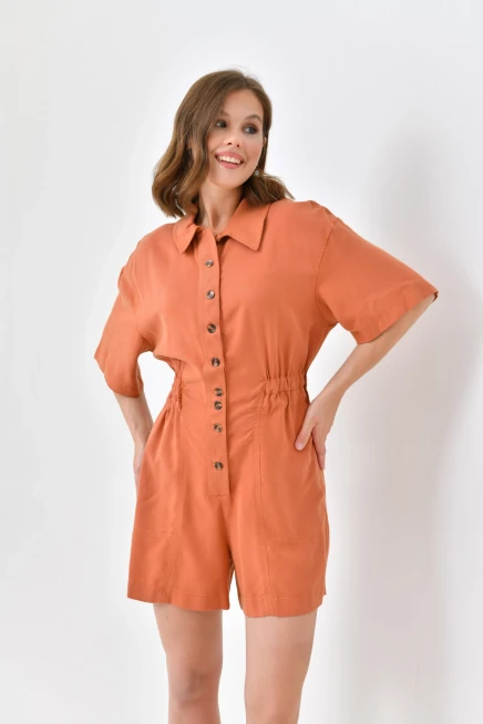 Womens Low Sleeve Waist Elastic Button Detail Tencel Jumpsuit