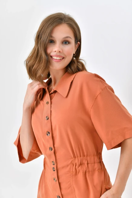 Womens Low Sleeve Waist Elastic Button Detail Tencel Jumpsuit