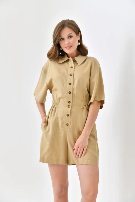 Womens Low Sleeve Waist Elastic Button Detail Tencel Jumpsuit