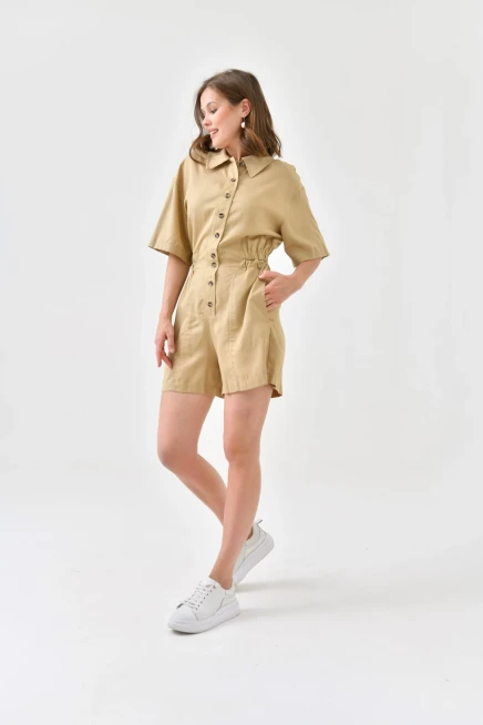 Womens Low Sleeve Waist Elastic Button Detail Tencel Jumpsuit