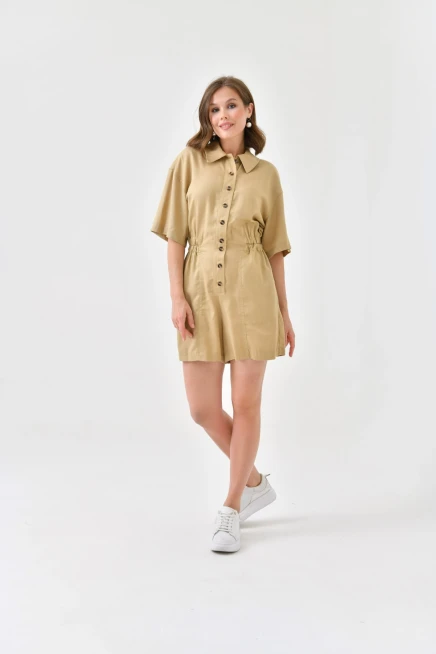 Womens Low Sleeve Waist Elastic Button Detail Tencel Jumpsuit