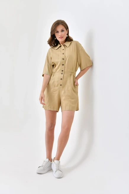 Womens Low Sleeve Waist Elastic Button Detail Tencel Jumpsuit