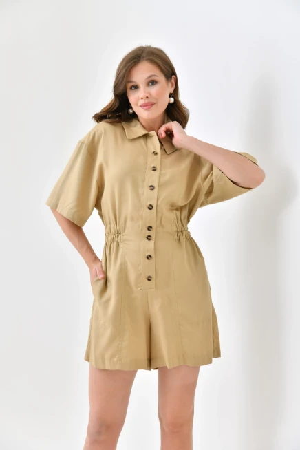 Womens Low Sleeve Waist Elastic Button Detail Tencel Jumpsuit