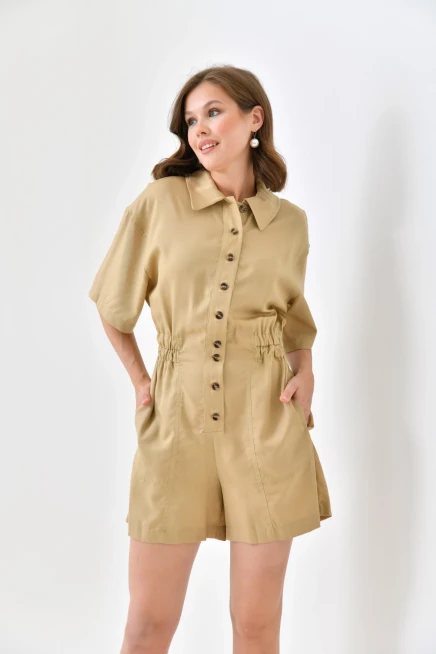 Womens Low Sleeve Waist Elastic Button Detail Tencel Jumpsuit