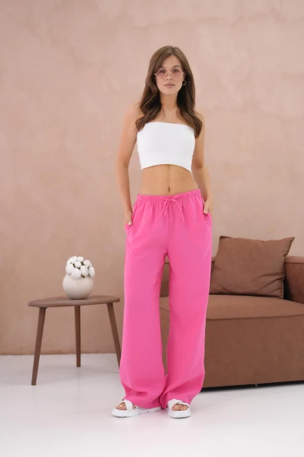 Yüksek Bel Lastikli Bol Paça Palazzo Dokuma Pantolon