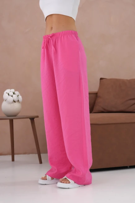 Yüksek Bel Lastikli Bol Paça Palazzo Dokuma Pantolon