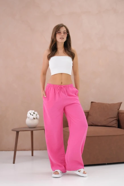 Yüksek Bel Lastikli Bol Paça Palazzo Dokuma Pantolon