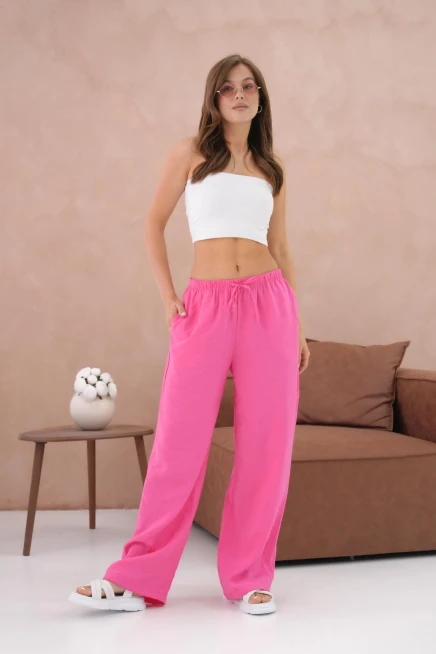 Yüksek Bel Lastikli Bol Paça Palazzo Dokuma Pantolon