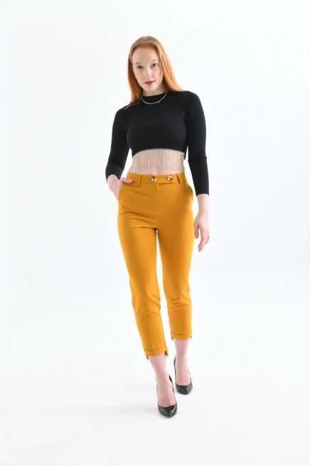 Kadın Hardal Paça Detaylı Kumaş Pantolon